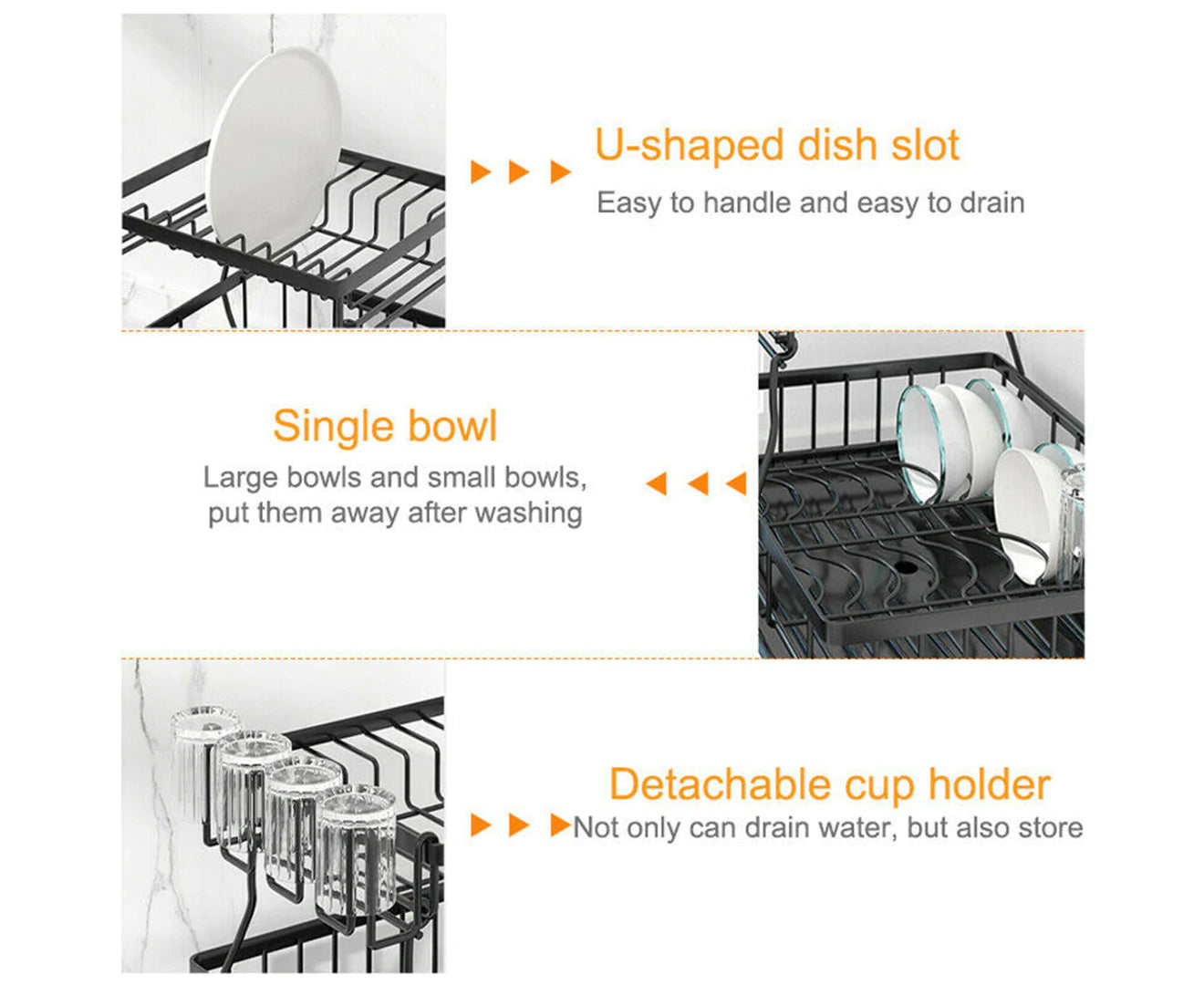 2 Tier Dish Drainer Drying Rack in Carbon Steel with Kitchen Counter Cup and Cutlery Holder - Black