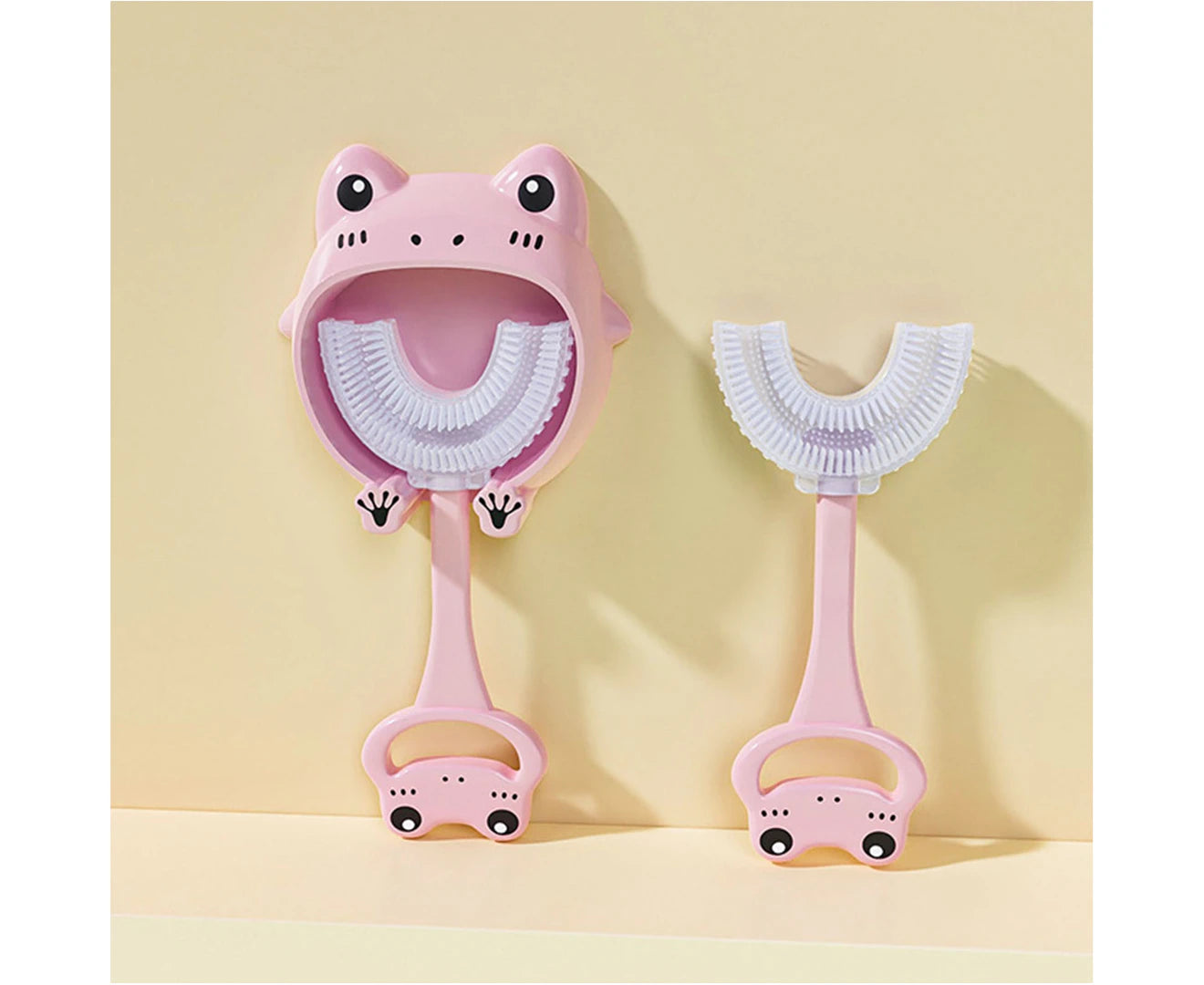 Cartoon Toothbrush 360 Degree Cleaning Cute Shape Adorable Oral Care Tool Silicone U-Shaped Children Toothbrush for Bathroom-Pink