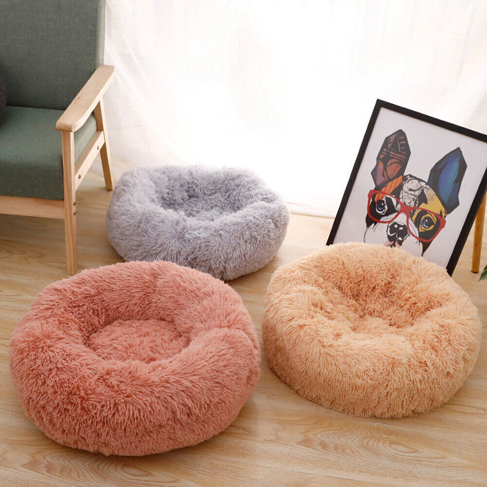 Dog Cat Pet Calming Bed Warm Soft Plush round Nest Comfy Sleeping Kennel Cave AU