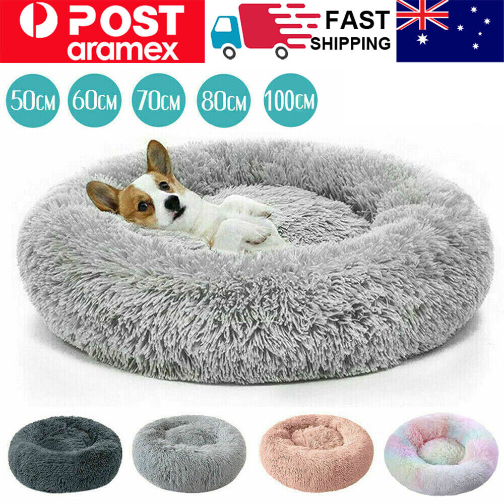 Dog Cat Pet Calming Bed Warm Soft Plush round Nest Comfy Sleeping Kennel Cave AU