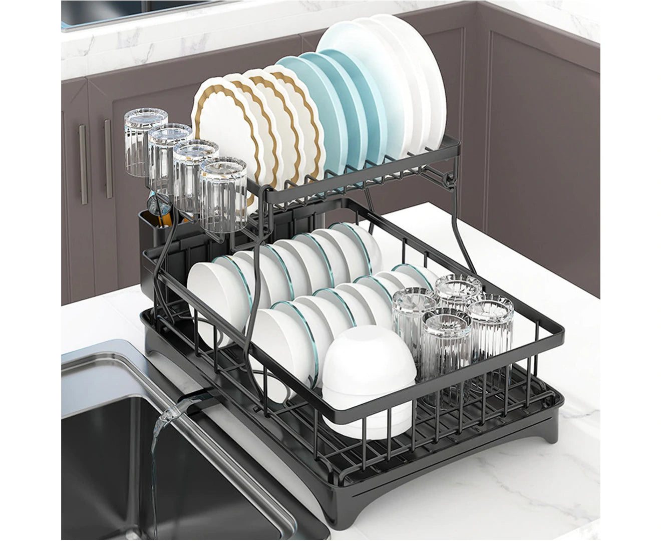 2 Tier Dish Drainer Drying Rack in Carbon Steel with Kitchen Counter Cup and Cutlery Holder - Black