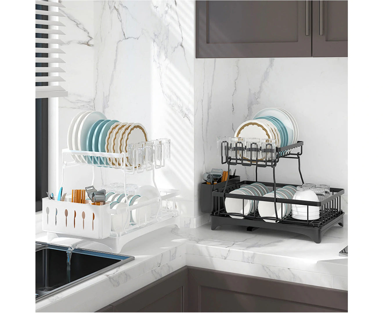 2 Tier Dish Drainer Drying Rack in Carbon Steel with Kitchen Counter Cup and Cutlery Holder - Black