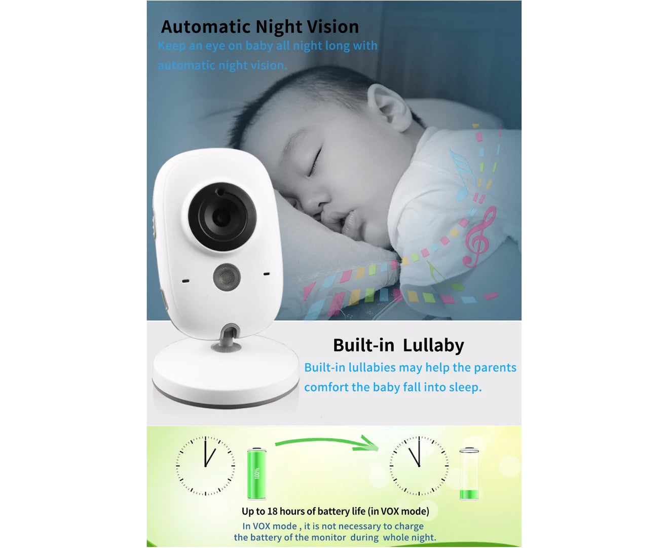 VB603 2.4Ghz 3.2Inch LCD Display Wireless Baby Monitor Video with Night Vision Temperature Monitoring Baby Phone Audio Monitor