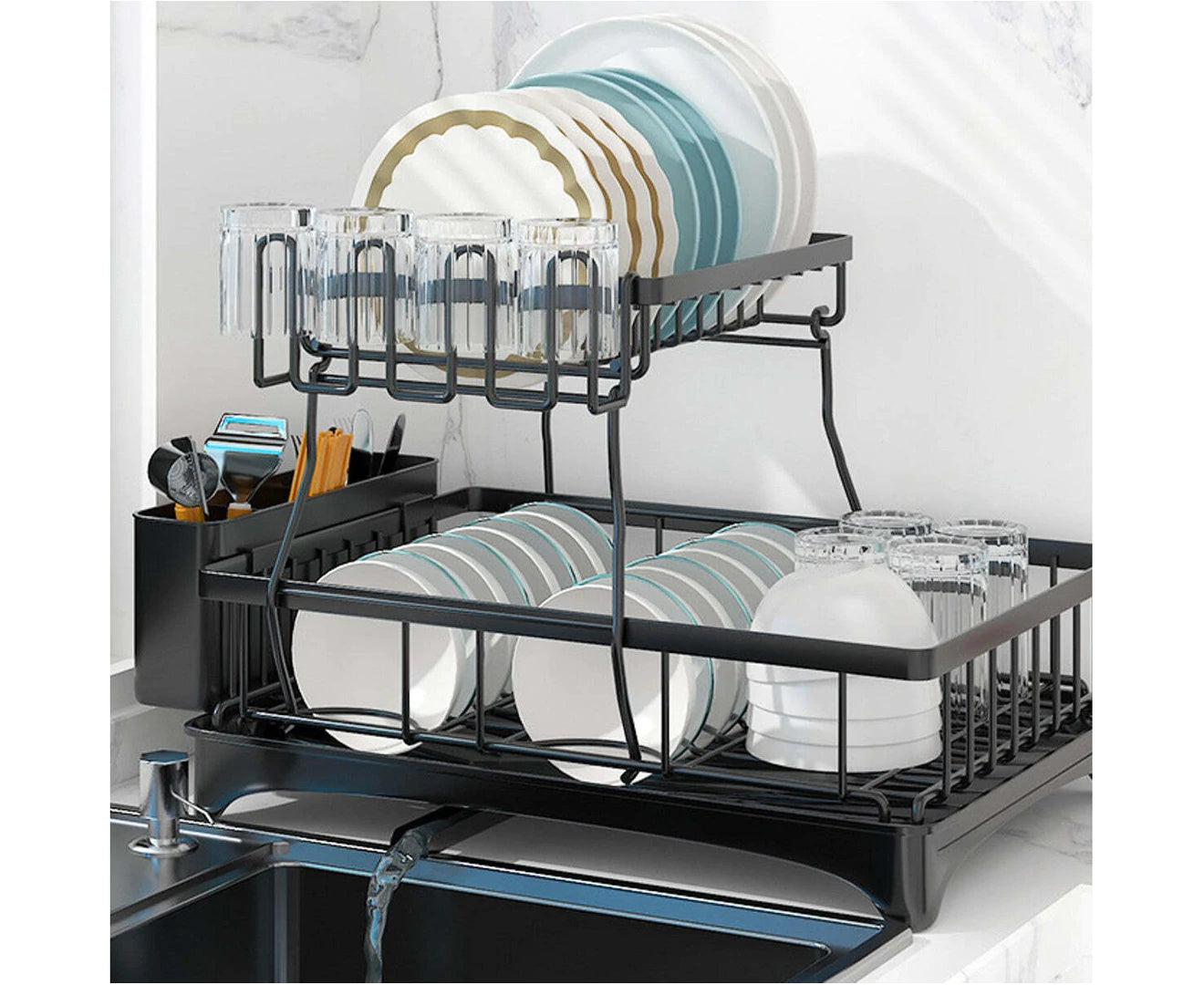2 Tier Dish Drainer Drying Rack in Carbon Steel with Kitchen Counter Cup and Cutlery Holder - Black