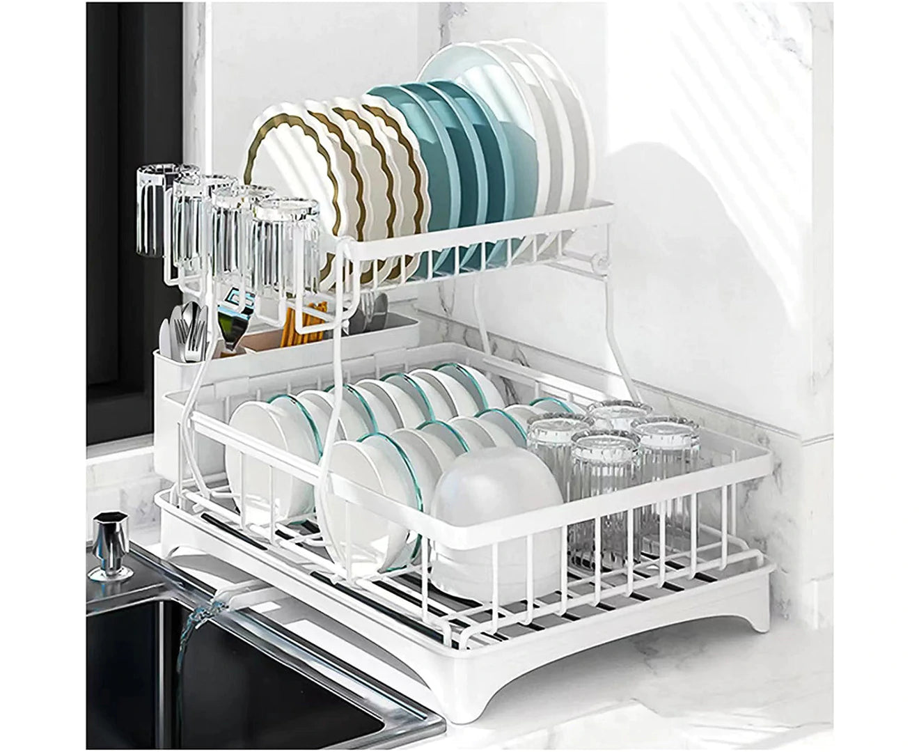 2 Tier Dish Drainer Drying Rack in Carbon Steel with Kitchen Counter Cup and Cutlery Holder - Black