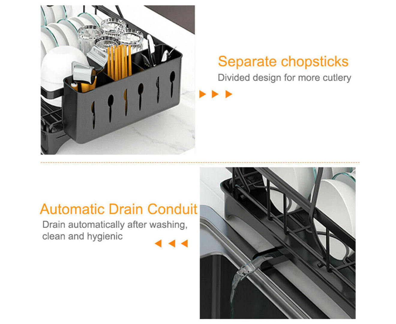 2 Tier Dish Drainer Drying Rack in Carbon Steel with Kitchen Counter Cup and Cutlery Holder - Black
