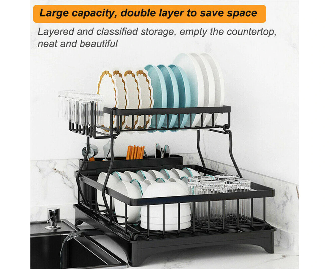 2 Tier Dish Drainer Drying Rack in Carbon Steel with Kitchen Counter Cup and Cutlery Holder - Black