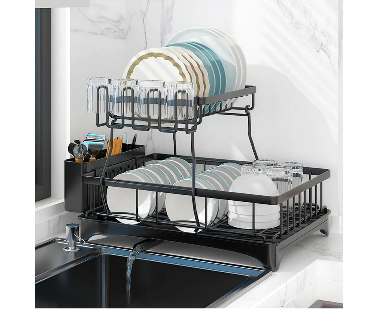 2 Tier Dish Drainer Drying Rack in Carbon Steel with Kitchen Counter Cup and Cutlery Holder - Black