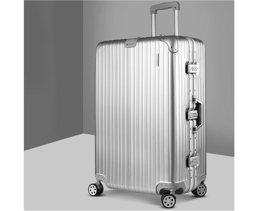 28" Luggage Trolley Travel Suitcase Set TSA Carry on Lightweight Aluminum Silver