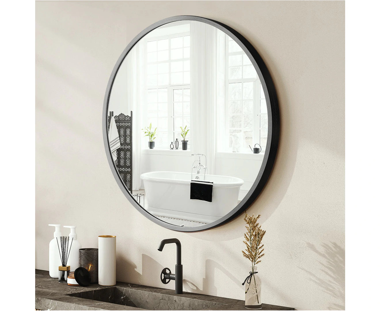 round Wall Mirror 60Cm Black Circle Vanity Mirror Metal Frame