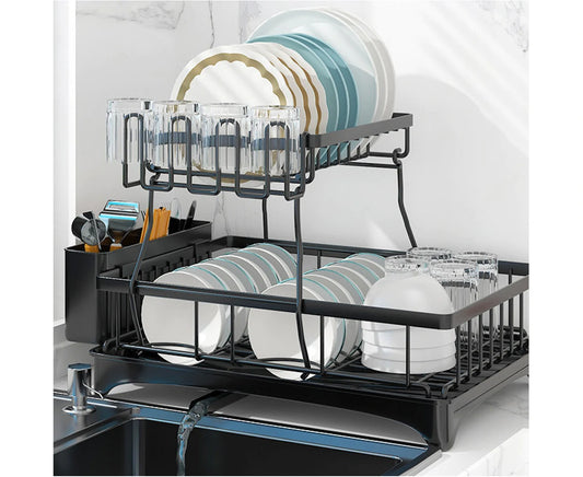 2 Tier Dish Drainer Drying Rack in Carbon Steel with Kitchen Counter Cup and Cutlery Holder - Black