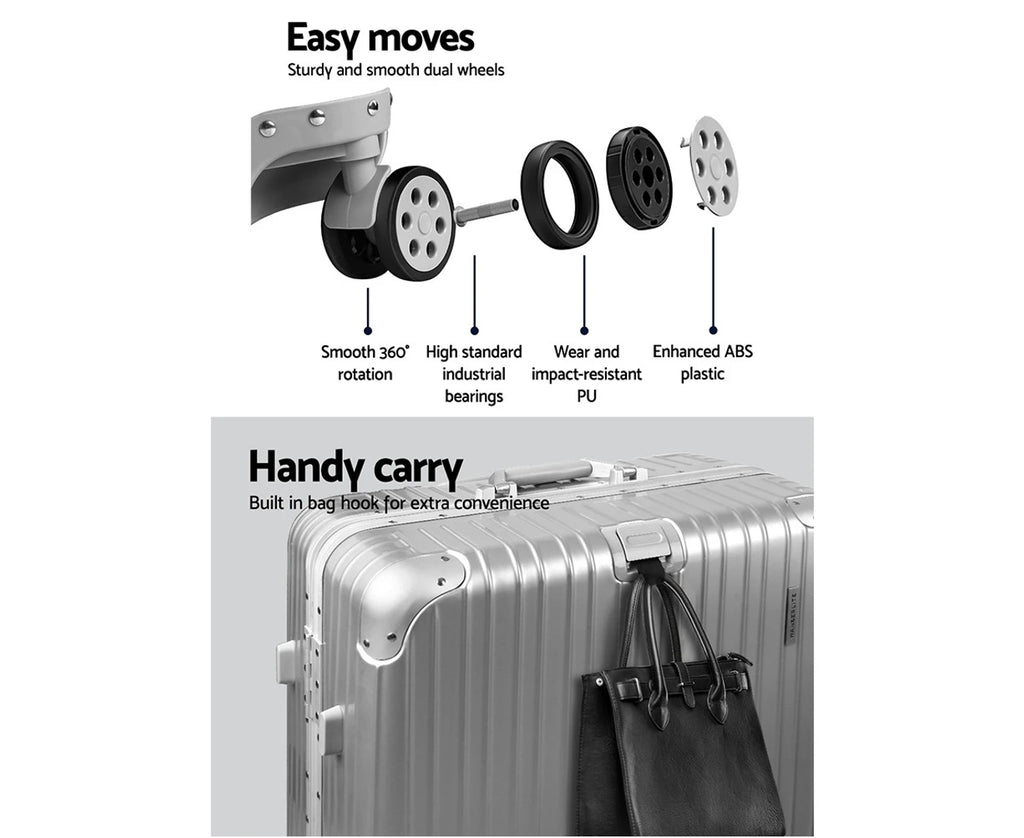 28" Luggage Trolley Travel Suitcase Set TSA Carry on Lightweight Aluminum Silver