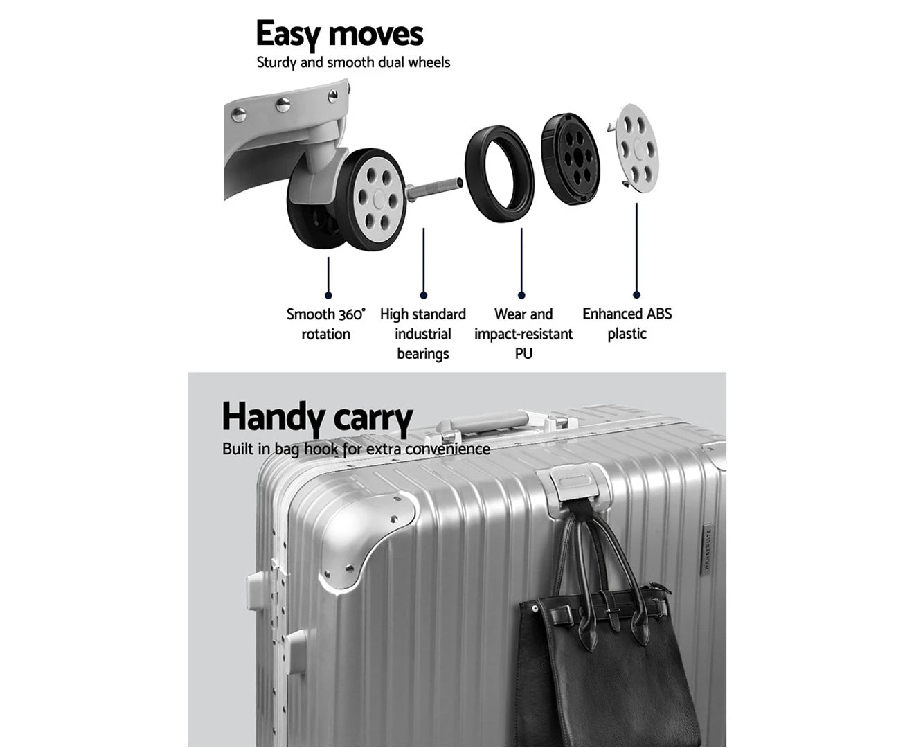 28" Luggage Trolley Travel Suitcase Set TSA Carry on Lightweight Aluminum Silver