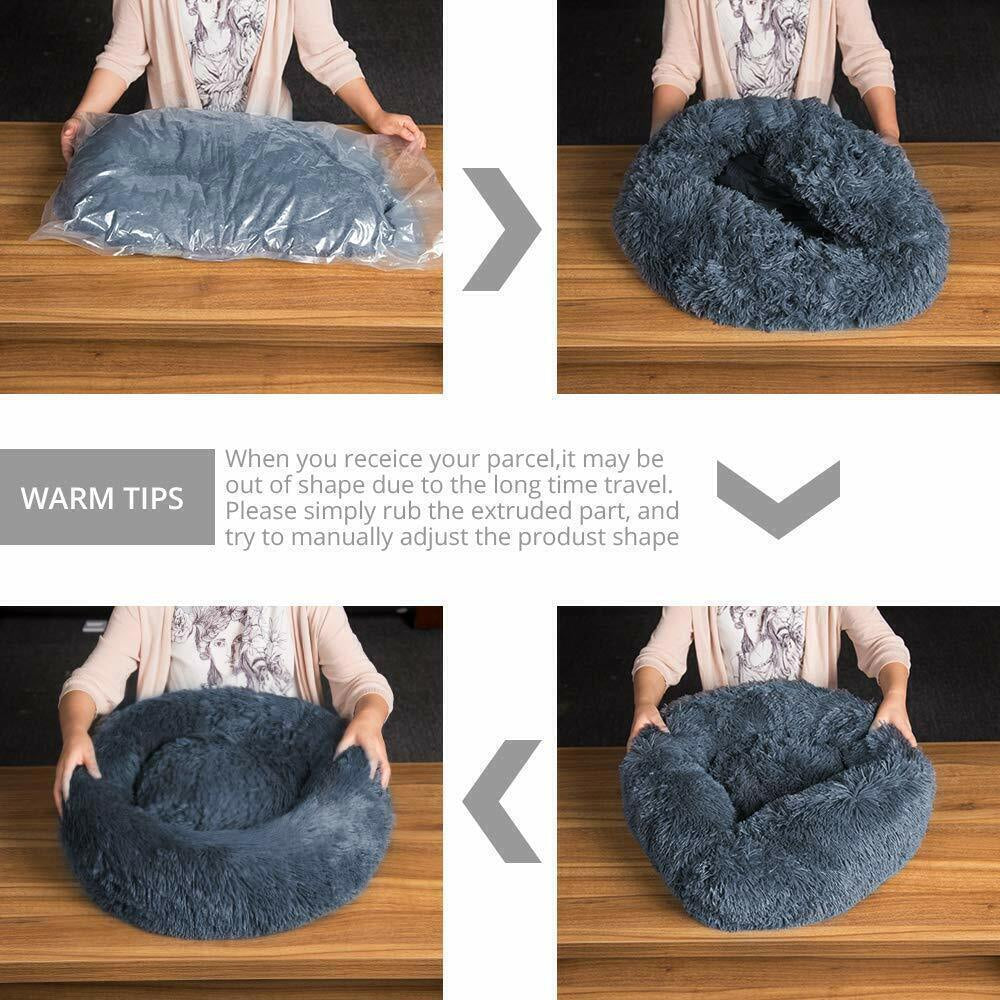 Dog Cat Pet Calming Bed Warm Soft Plush round Nest Comfy Sleeping Kennel Cave AU