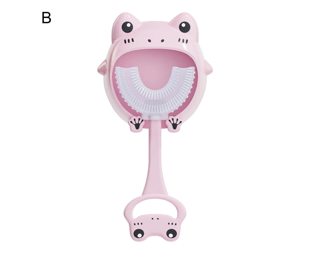 Cartoon Toothbrush 360 Degree Cleaning Cute Shape Adorable Oral Care Tool Silicone U-Shaped Children Toothbrush for Bathroom-Pink
