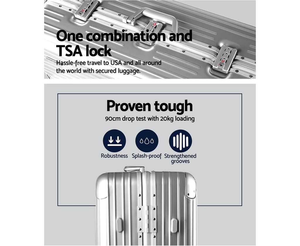 28" Luggage Trolley Travel Suitcase Set TSA Carry on Lightweight Aluminum Silver