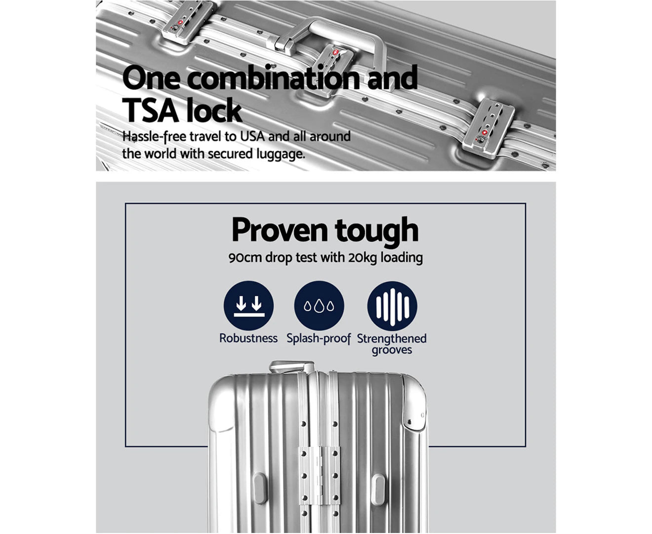 28" Luggage Trolley Travel Suitcase Set TSA Carry on Lightweight Aluminum Silver