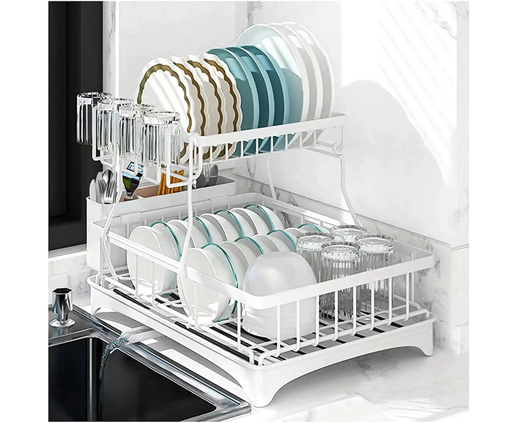 2 Tier Dish Drainer Drying Rack in Carbon Steel with Kitchen Counter Cup and Cutlery Holder - Black