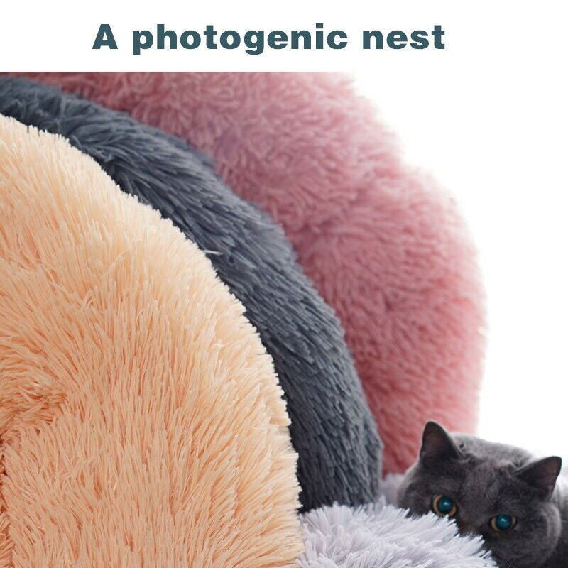 Dog Cat Pet Calming Bed Warm Soft Plush round Nest Comfy Sleeping Kennel Cave AU