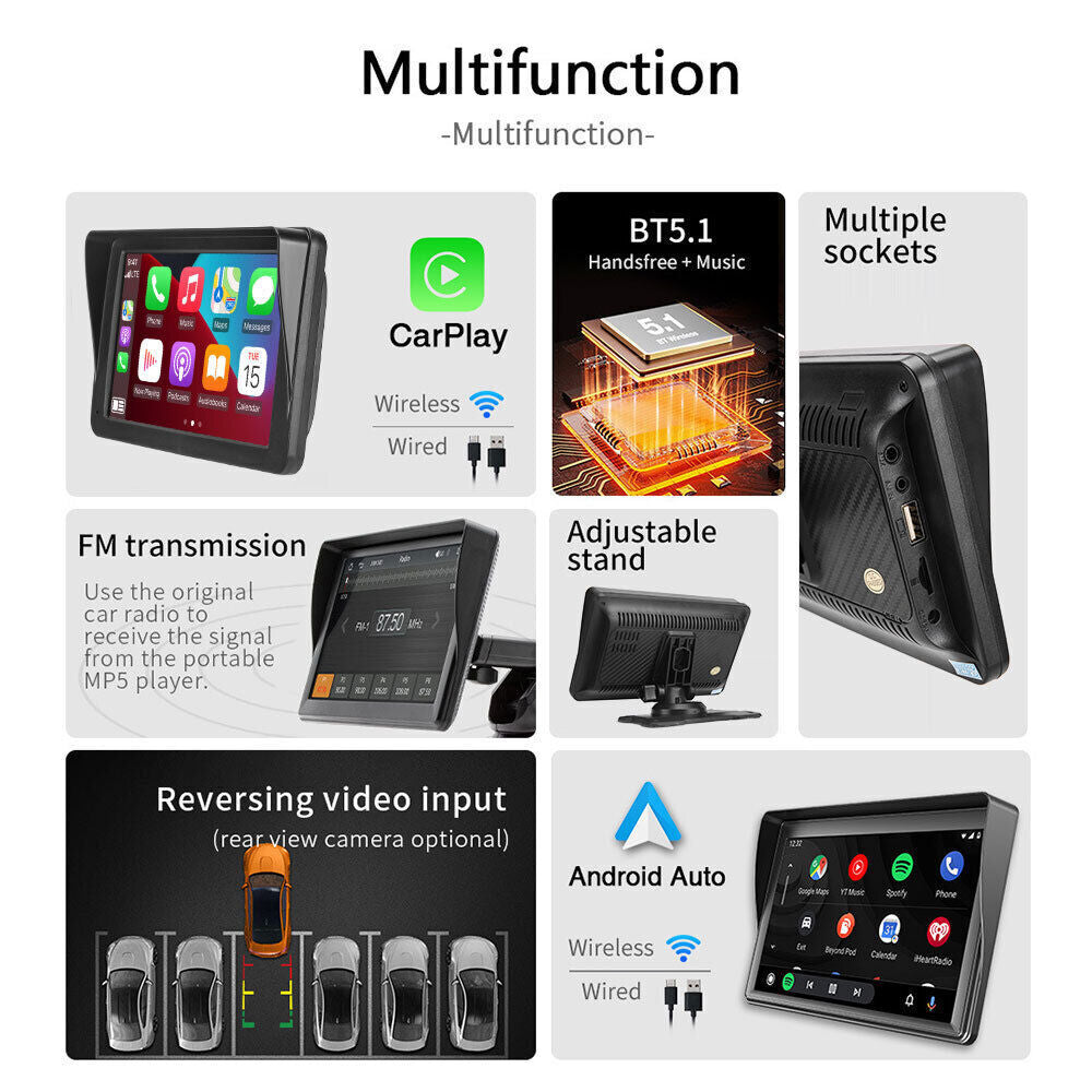 Portable 7'' Wireless Apple Carplay Android Auto Touch Screen Car Radio Stereo
